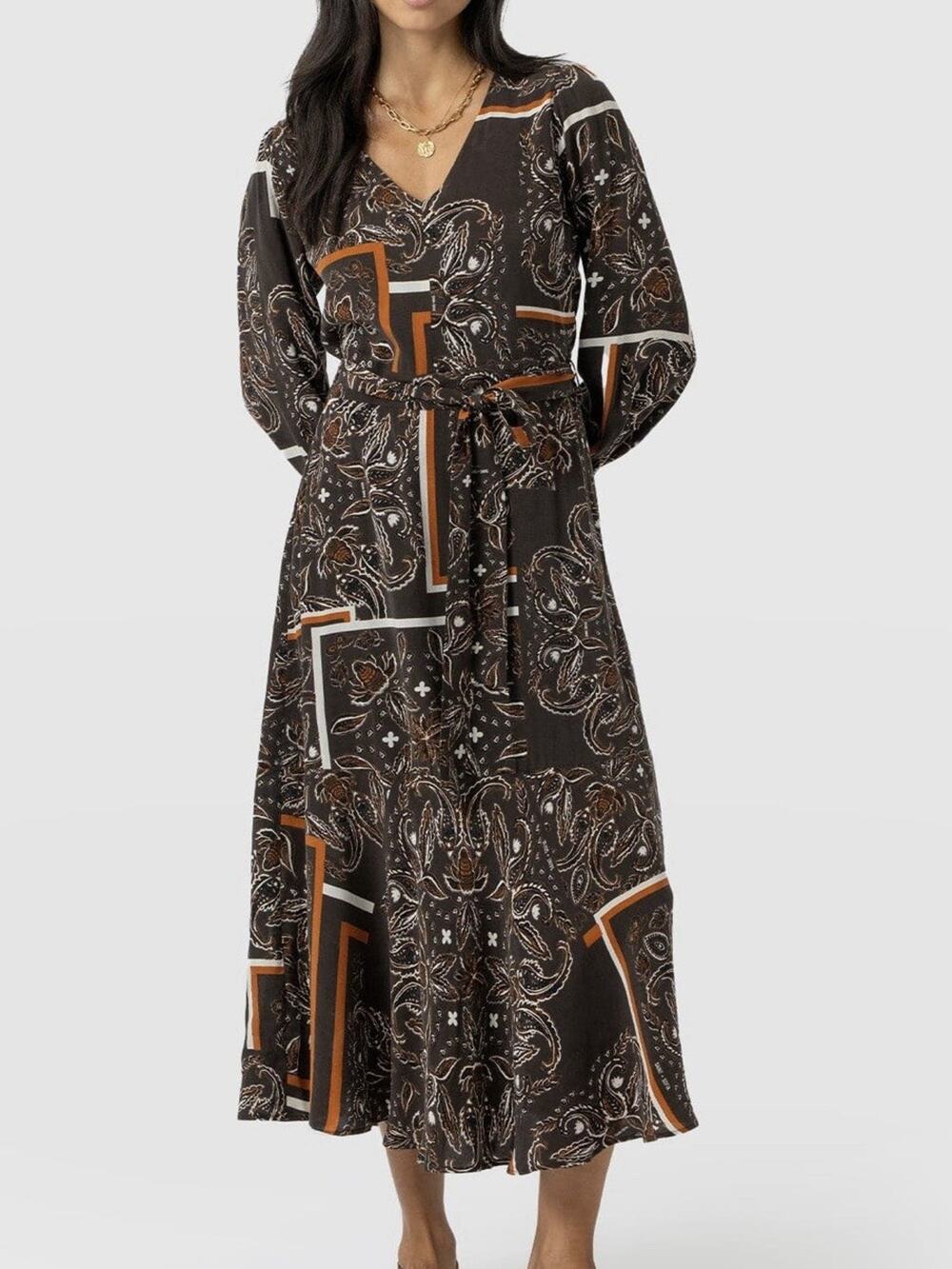 Saint + Sofia Allegra V Neck Midi Dress Brown Paisley Size S